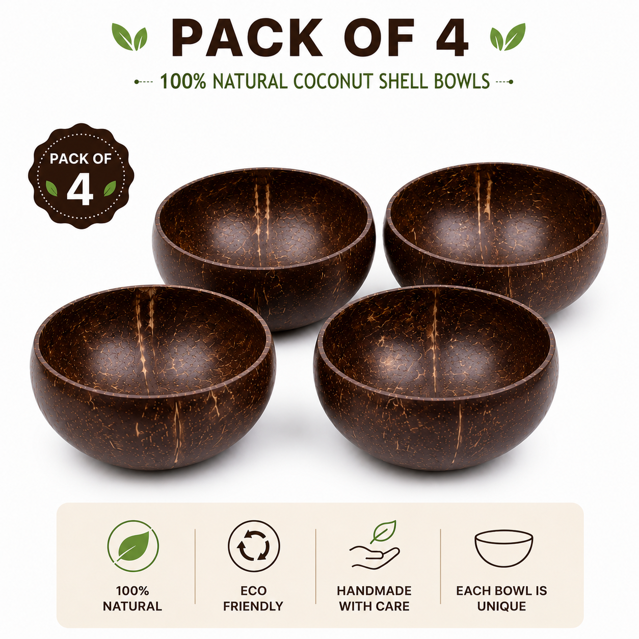 Polished Coconut Bowl – Pack of 4